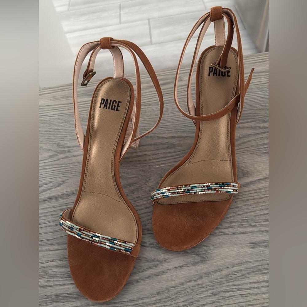 PAIGE New Brown Suede Block Heel Ankle Strap Beads
